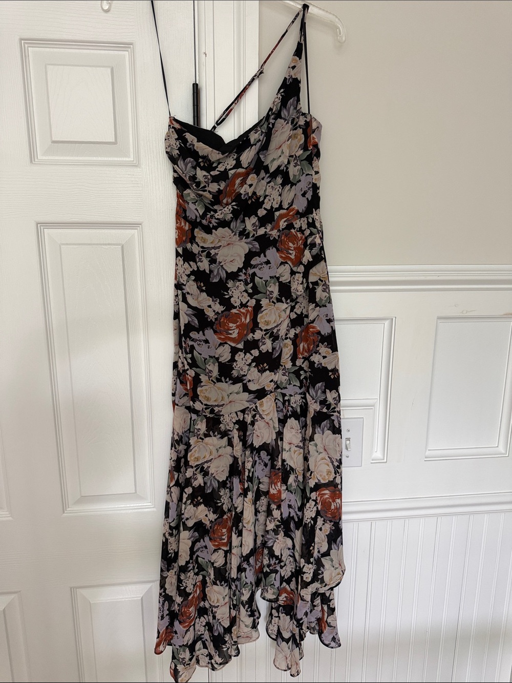 Astr Floral One-Shoulder Black Maxi Dress with Rust and Cream Blooms XS